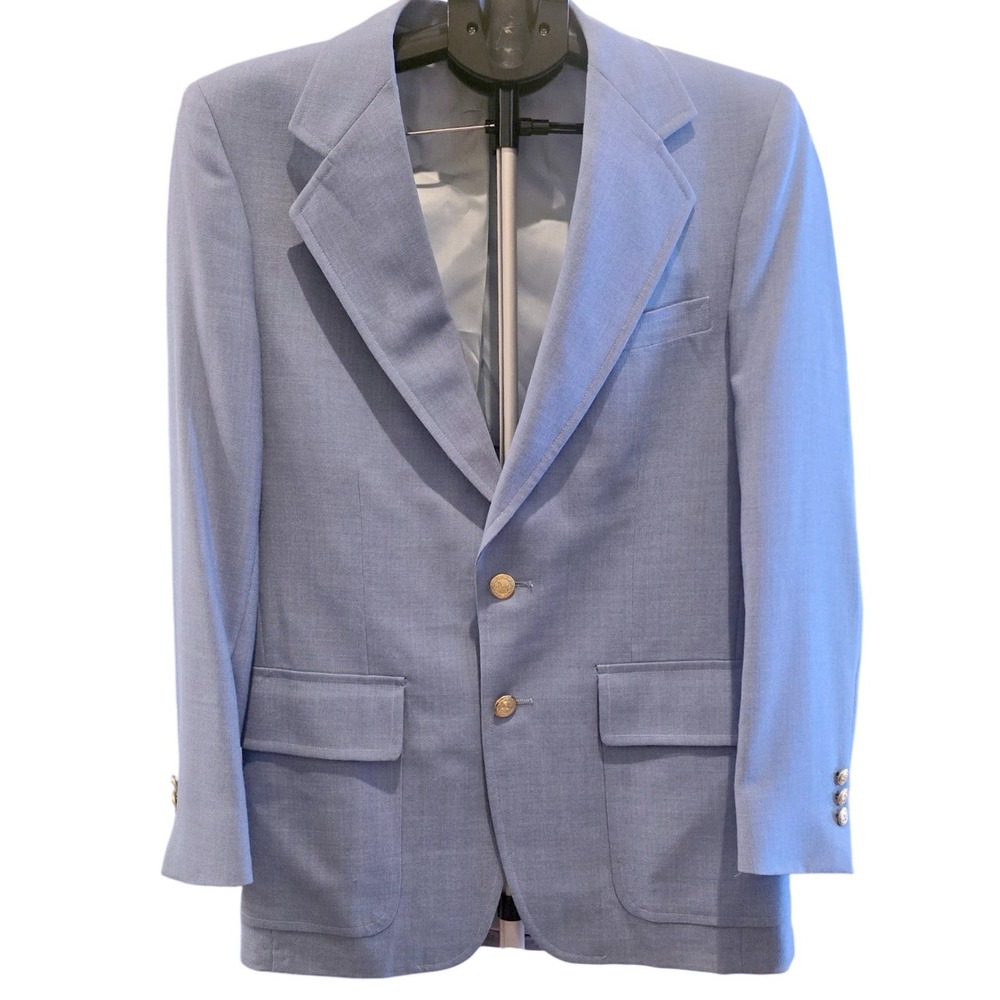 Vtg 70s Baby Blue Blazer Mens 38R Wide Lapel Gold Metal Crest Buttons Sport Coat